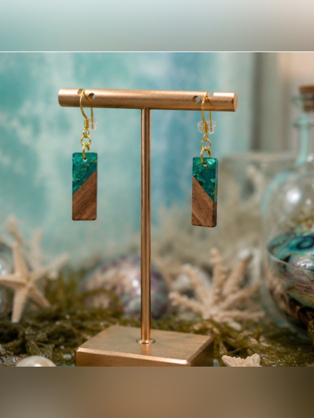 Handmade Teal and Wood Rectangle Drop Earrings - Gold Hooks - Picture 3 of 9